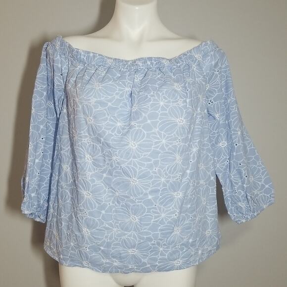 NWT Milly Nova  Blue Off-Shoulder Eyelet Floral Embroidered Top - Picture 2 of 7